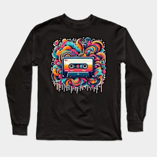 illustration of a music cassette with a background of colorful melting clouds Long Sleeve T-Shirt